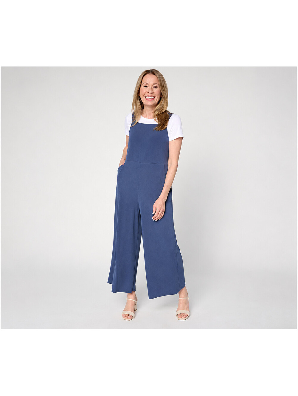 Attitudes by Renee Como Jersey Wide Leg Overall Set Navy, Size Petite Medium